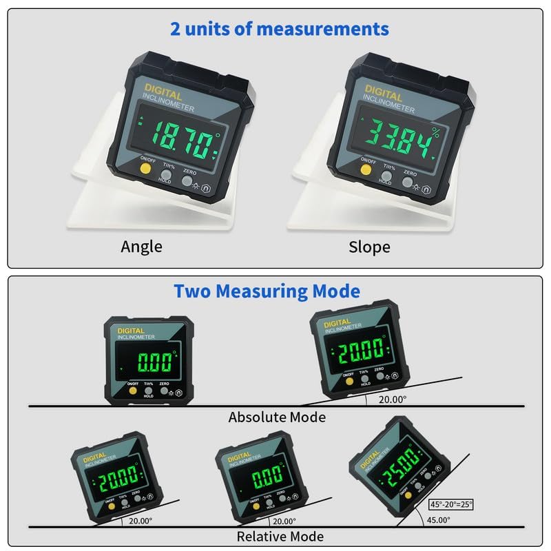 Real Instruments Mini Digital Angle Finder, LCD Backlit Display Automatic Shutdown High Accuracy Portable Angular Measurer Inclinometer Rust Prevention 4x90 Degree Magnet For Home Decorating (DC55)