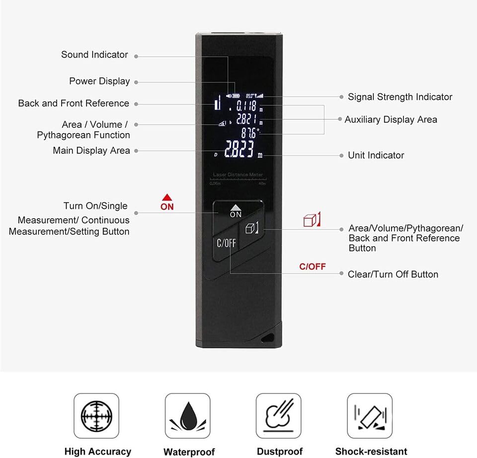 Real Instruments Laser Meter, Rechargeable Aluminum Alloy Wide Test Range High Accuracy Broad Utility Laser Measure Tool for Construction