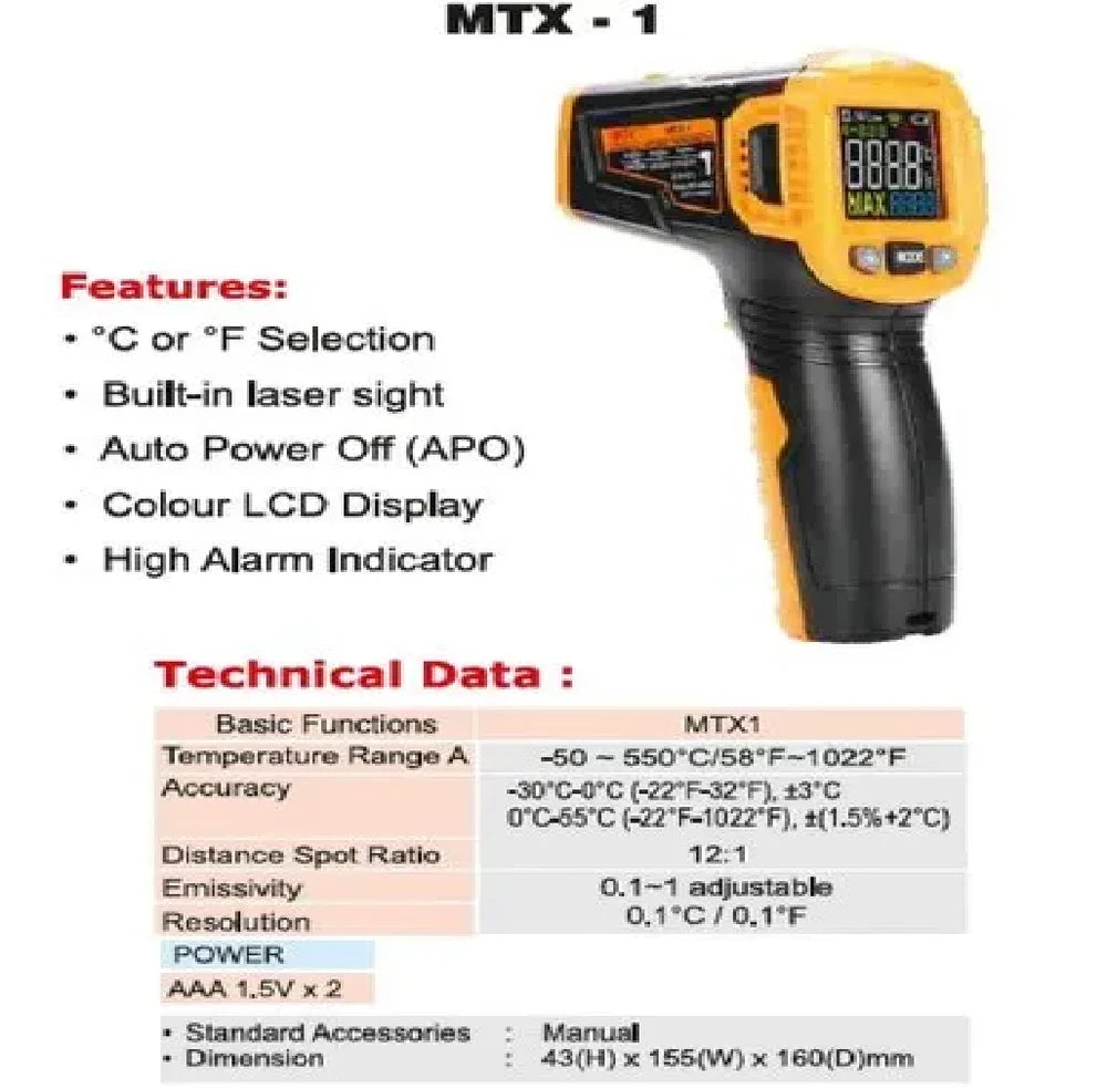 HTC Pro Industrial Infrared IR Thermometer | Multi Laser High Temperature -50°C to 550°C Digital Gun | Non-Contact Pyrometer, MTX-1