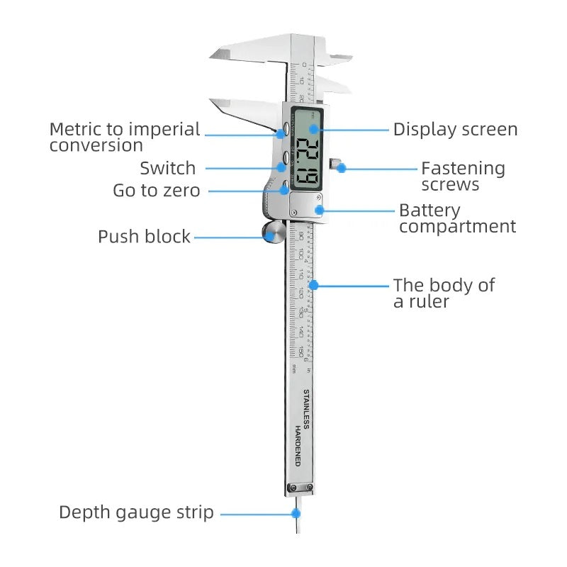 Real Intruments High-Precision Digital Vernier Caliper with 0-150 mm (0-6 Inch), LCD Display for Easy Readability, Dual Metric & Imperial Unit Conversion, Zero Setting Function, Stainless Steel Construction for Industrial, Scientific Applications, VC-01A