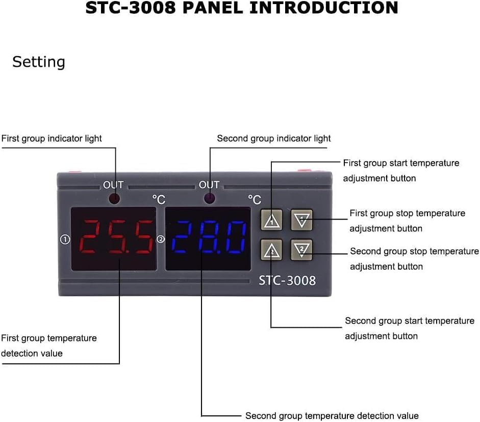 Real Instruments Digital Temperature Controller, STC-3008 50/60Hz Dual Display Dual NTC Probe Sensor 10A -50°C-70°C Digital Temperature Thermostat Controller (110~220V)