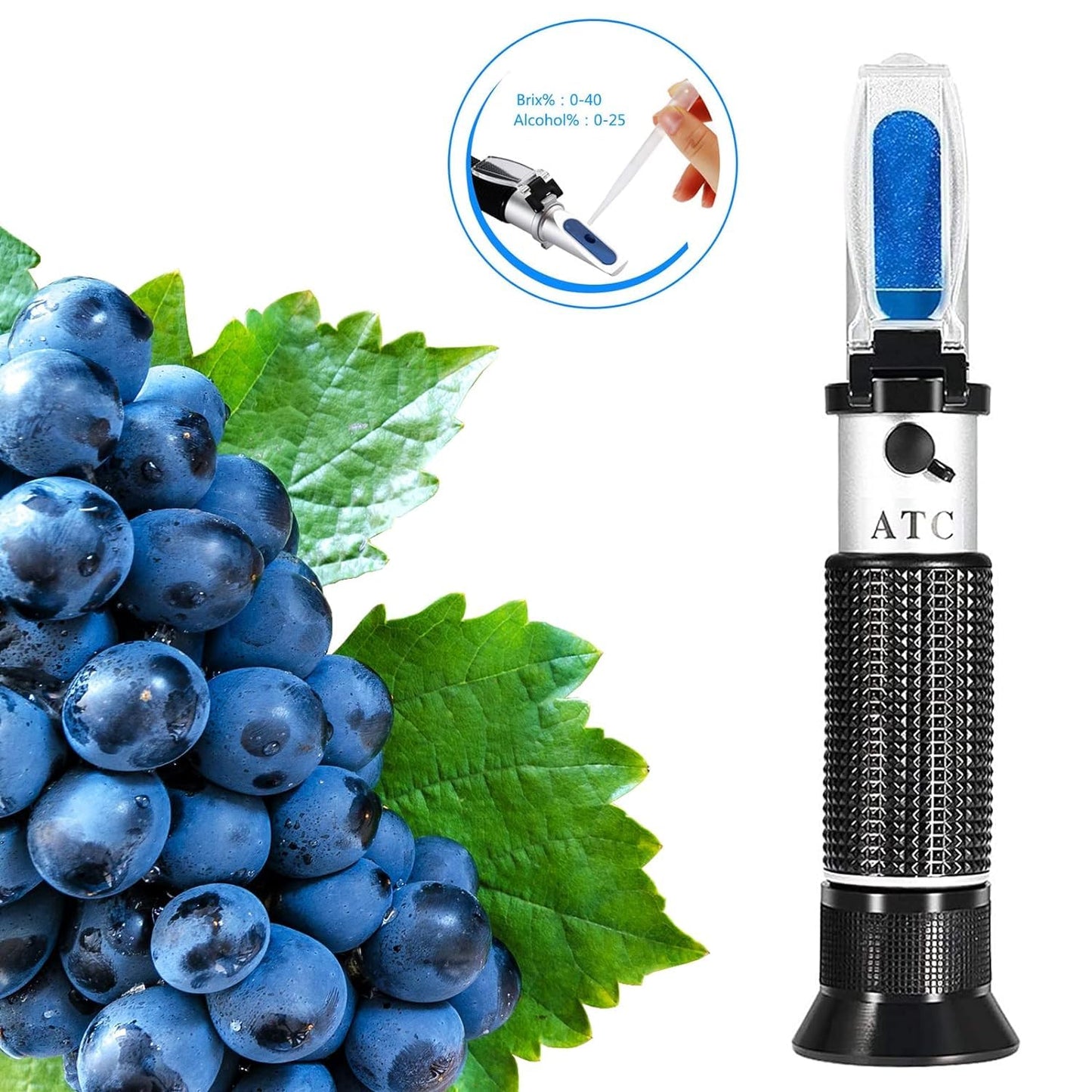 Real Instruments Dual Scale Of 0 To 40% Brix & 0 To 25% Vol Refractometer With ATC Accurate Alcohol And Brix Measurement For Testing Grape Wine Brewing Measuring Sugar Content Grape Juice