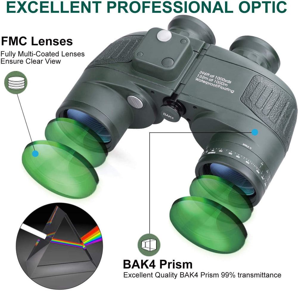 Real Instruments Military-Grade 7x50 Waterproof Binoculars with Built-in Compass & Rangefinder – Floating, Fog-Proof, Tactical Marine Optics