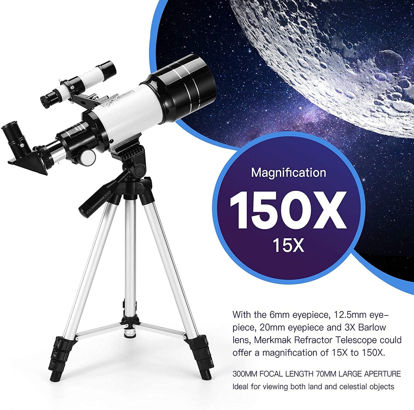 Real Instruments F30070M Telescope For Students High Power Telescope With Adjustable Tripod, F30070