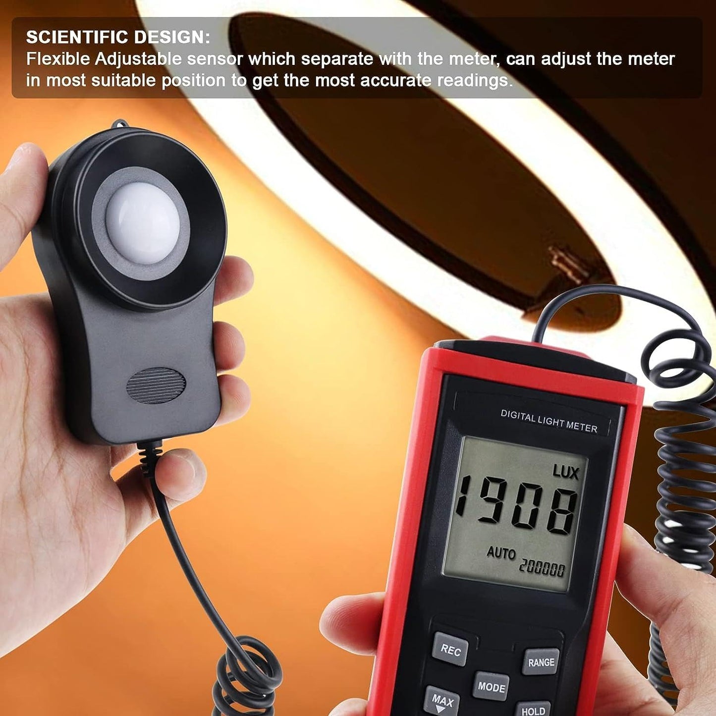 Real Instruments Digital Light Meter Illuminance Lux Meter With Record Function, 0~200,000 Measurement Range Flexible Sensor Light Tester For Photography, Plants, Indoor, Outdoor, Red Black