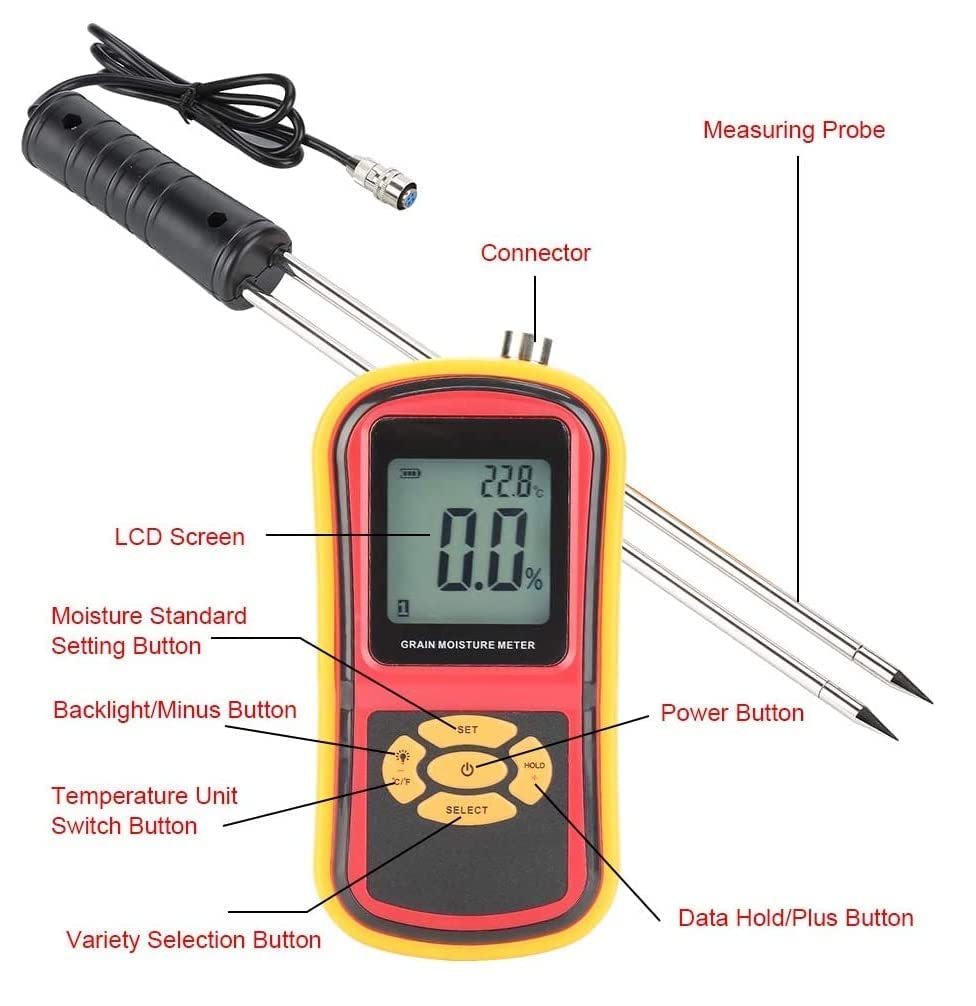 Real Instruments Grain Moisture Meter With Long Measuring Probe & Digital LCD Display For 8 Grains Moisture Testing Corn Soybean Wheat Rice Paddy Barley Fodder Rapeseed, Range 5~30% GMM-640