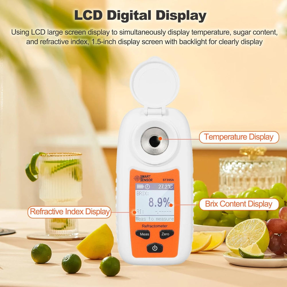 Real Instruments Digital Refractometer Smart Sensor ST355A Sugar Meter High Accuracy Portable 0-55% Test Range Fruit Juice Sweetness Tester For Fruit Sale Cool Drinks