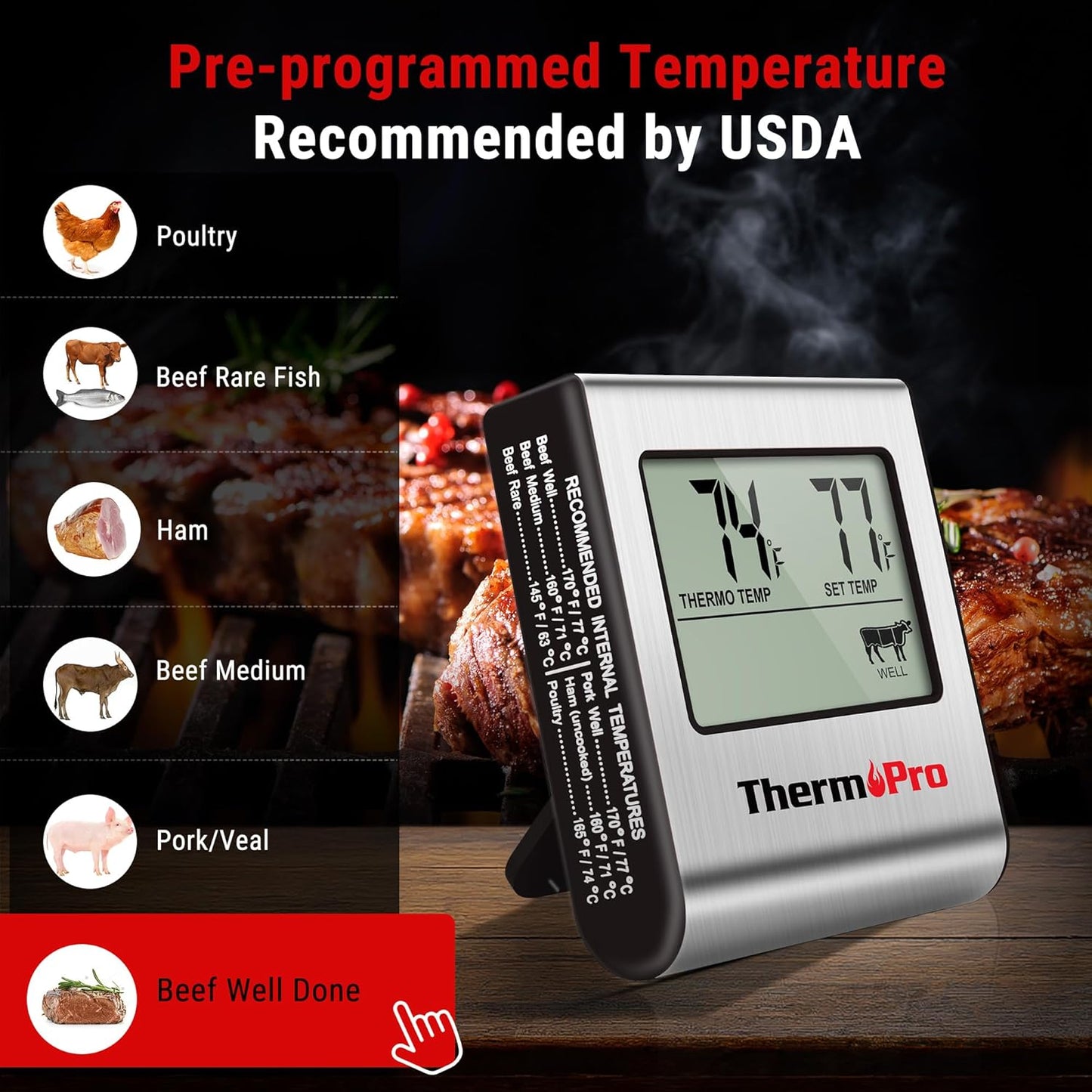 ThermoPro TP-16 Large LCD Digital Cooking Kitchen Thermometer for Food, BBQ, Grill, Meat, Oven, Smoker with Stainless Steel Step-Down Probe and Built in Clock Timer