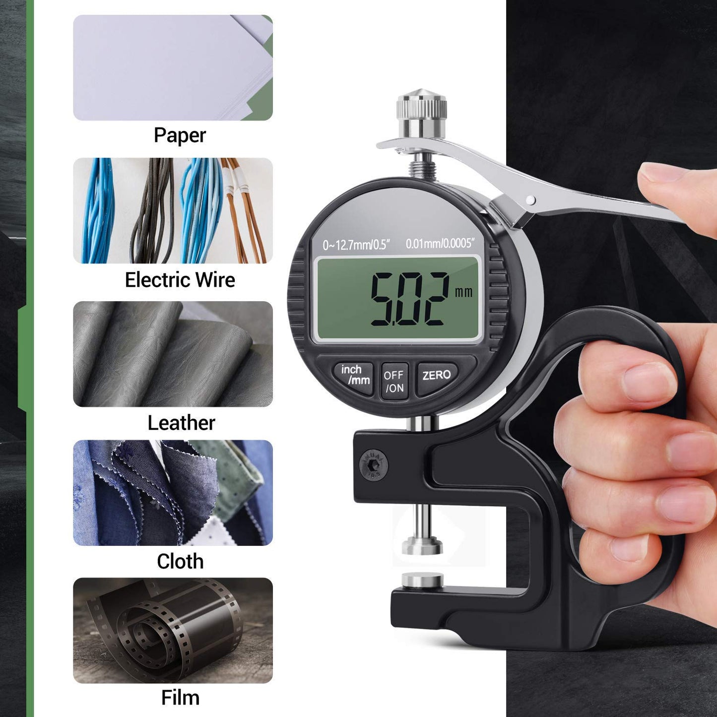 Real Instruments Digital Thickness Gauge Measuring Range 0-12.7mm, Accuracy 0.01mm Thickness Meter With LCD Display Inch/Metric, Suitable For Paper/Film/Leather/Wire Thickness Gauge