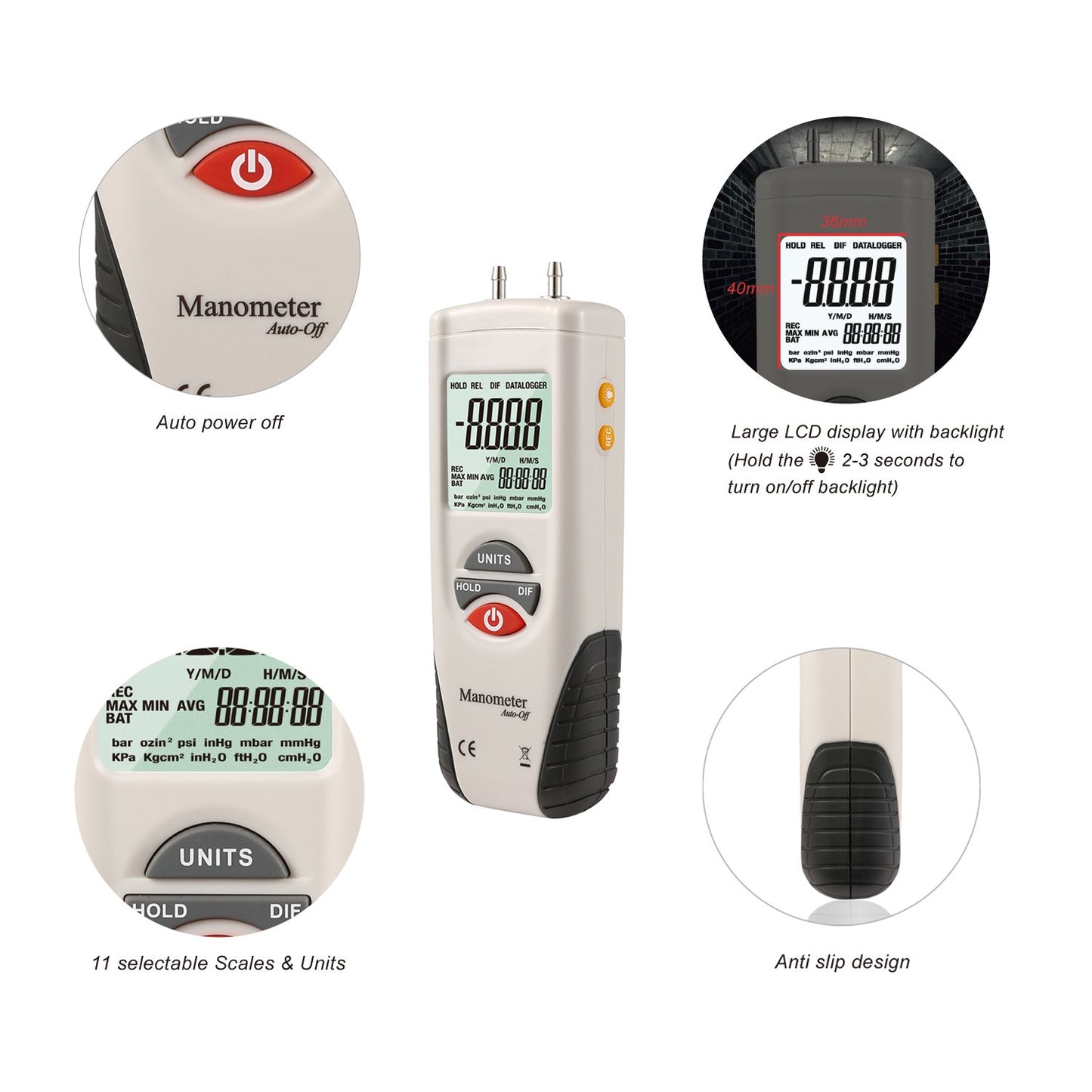 Real Instruments HT-1890 Digital Manometer Professional Differential Air Pressure Gauge u Tube kit electrometer 11 Selectable Units Data Hold Zero Adjustment LCD Backlight Display for Industry