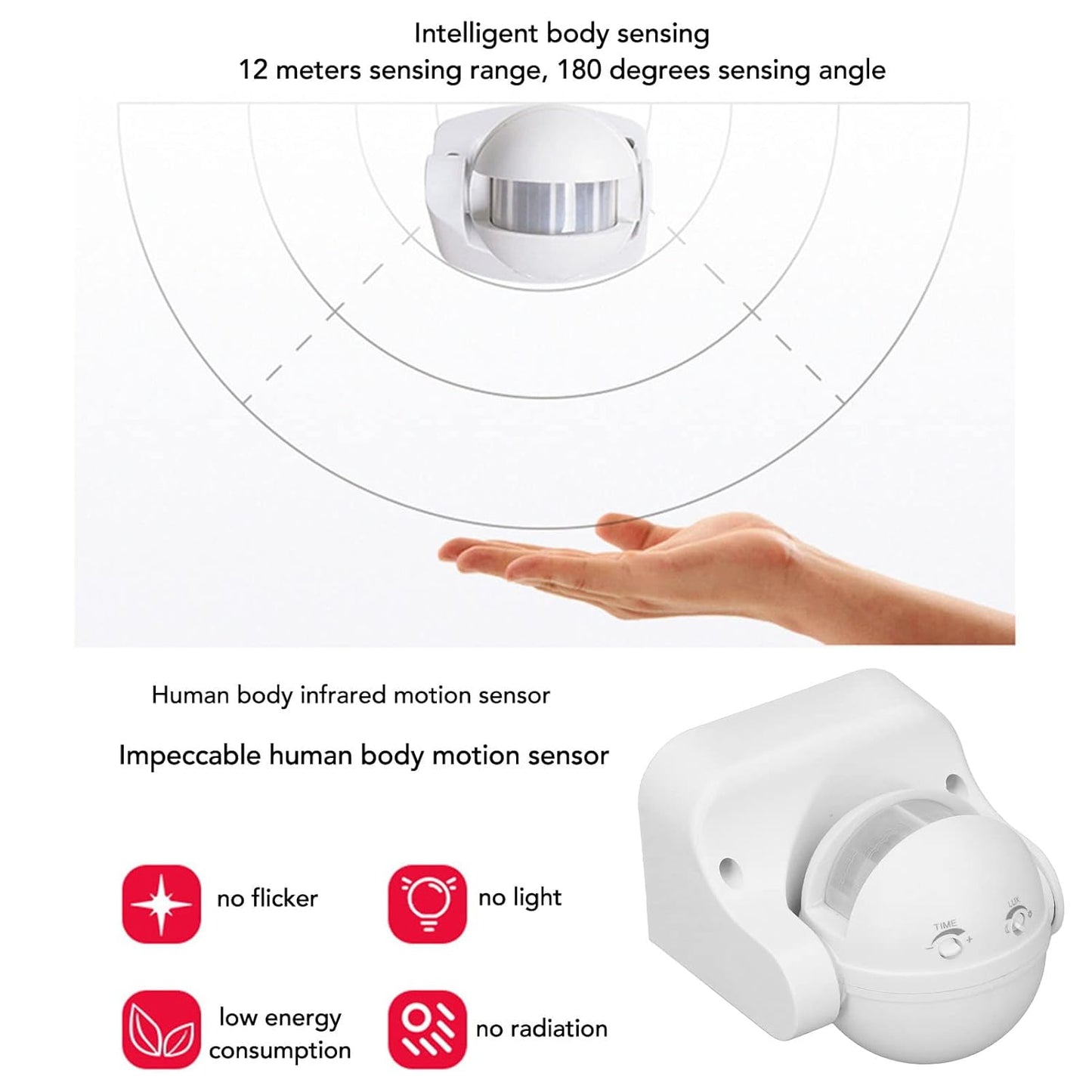 Real Instruments Infrared Motion Sensor, Energy Saving Motion Sensor Detector Switch Waterproof Outdoor 180 Degree Security Pir Motion Sensor Detector Switch White, TS-14