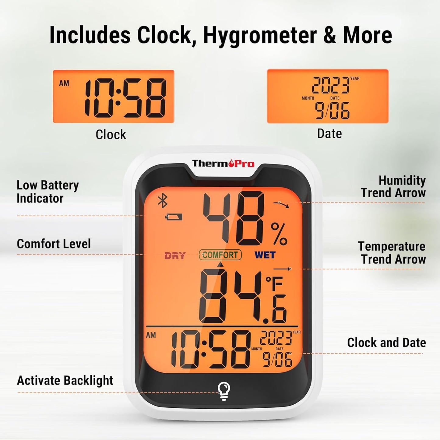 ThermoPro TP358 Bluetooth Thermometer for Room Temperature with Built-in Clock, Smart Temperature Sensor and Humidity Meter with Backlit, 260Ft Hygrometer Indoor Thermometer for Home Greenhouse