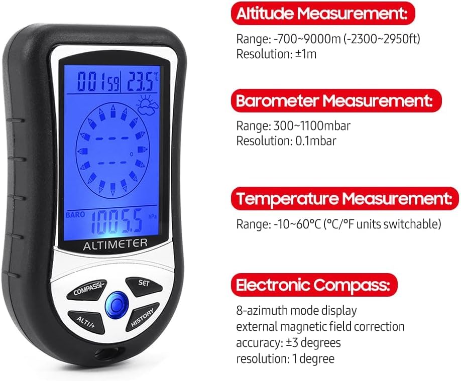 Real Instruments Multifunctional Digital Altimeter Barometer Digital Compass Thermometer Clock Time Calendar Weather Forecast For Outdoor Altimeter With Time Height Gauge LCD Backlight (DS302)