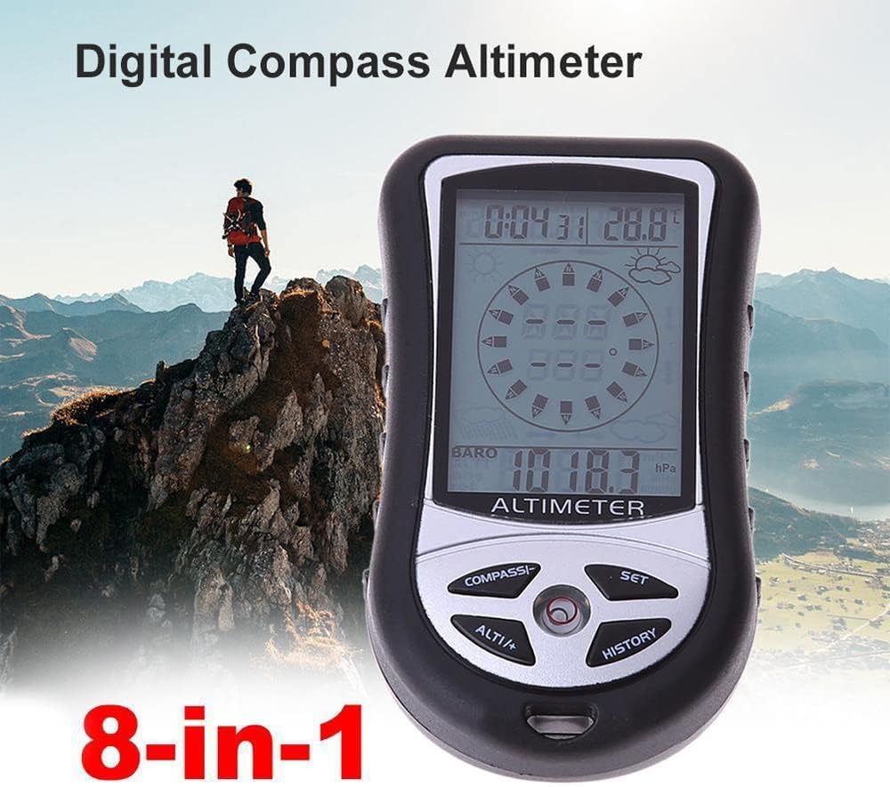 Real Instruments Multifunctional Digital Altimeter Barometer Digital Compass Thermometer Clock Time Calendar Weather Forecast For Outdoor Altimeter With Time Height Gauge LCD Backlight (DS302)