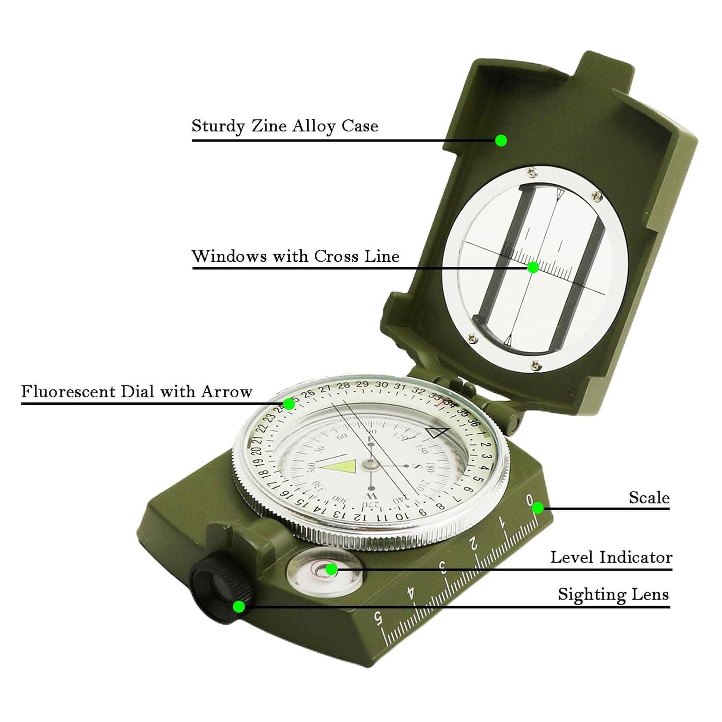 Real Instruments Compass K4580, High Accuracy Waterproof Military Compass with Carrying Bag Lensatic Sighting Waterproof and Shakeproof Compass Army Green Suitable for Camping Hiking