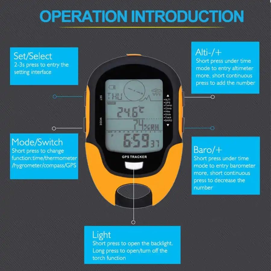 Real Instruments Multifunctional Digital Altimeter Barometer Digital Compass Thermometer Clock Time Calendar Weather Forecast For Outdoor Altimeter With Time Height Gauge LCD Backlight (FR500)