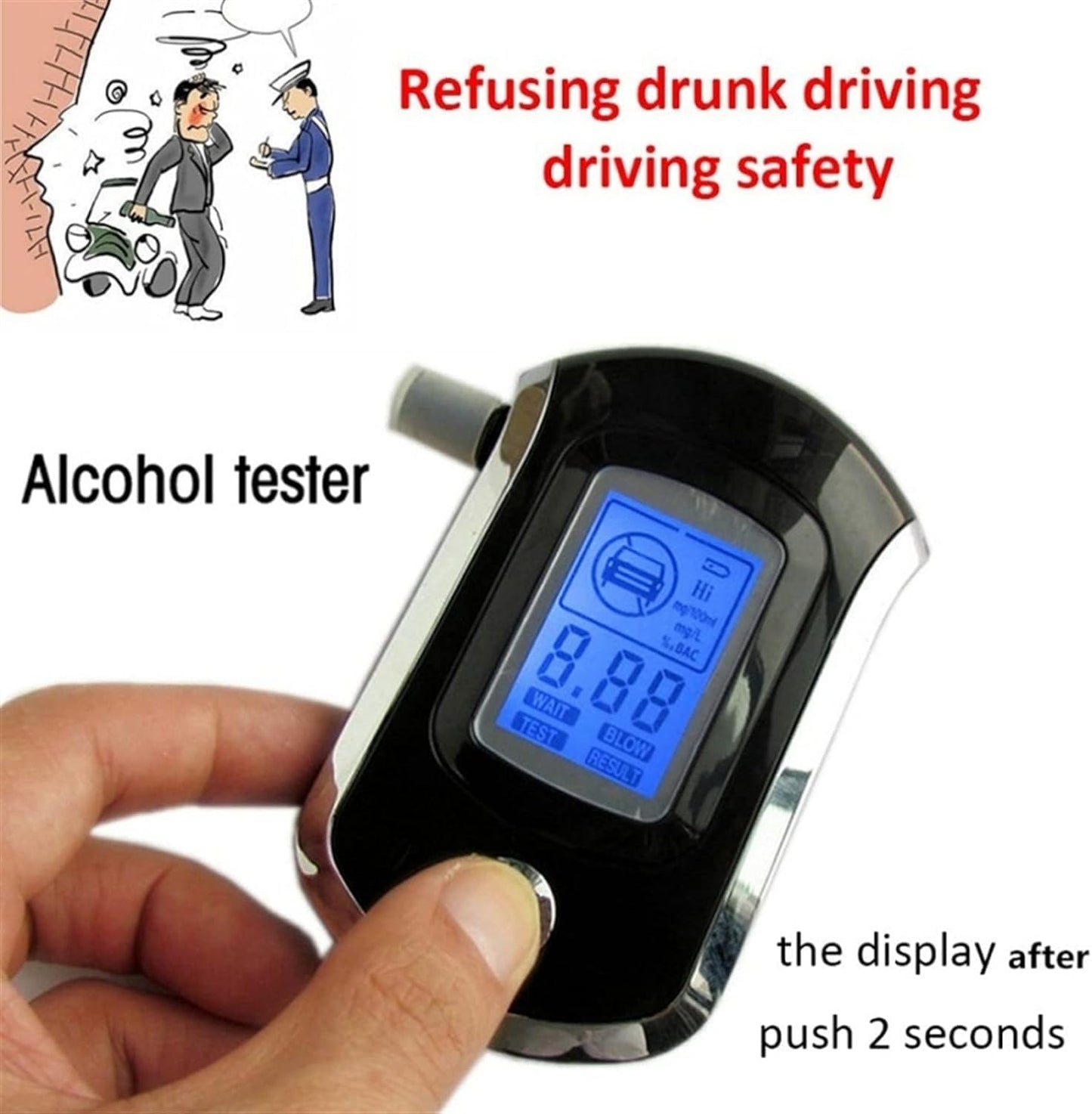 Real Instruments ALC AT6000 Alcohol Tester Detector Digital Portable LCD Display Breath Analyser Police Alcohol Breathalyzer with 5 Mothpiece, Black