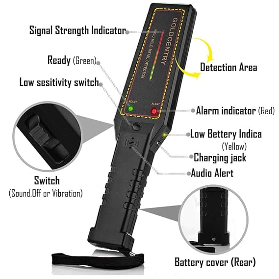 Real Instruments Metal Detector GC-1002 with Adjustable Sensitivity, 22 kHz High-Frequency Operation, 6-Inch Maximum Detection Depth, Audio and Visual Alerts, Lightweight Portable Design for Security, Treasure Hunting, and Industrial Applications