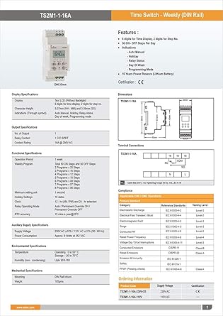 Real Instruments Selec TS2M1 16 Amp Digital Programmable Timer Switch with LCD Display, Multiple ON/OFF Scheduling Modes, Memory Retention, Energy-Efficient Automation, and DIN Rail Mounting for Industrial, Commercial and Residential Applications, TS2M1