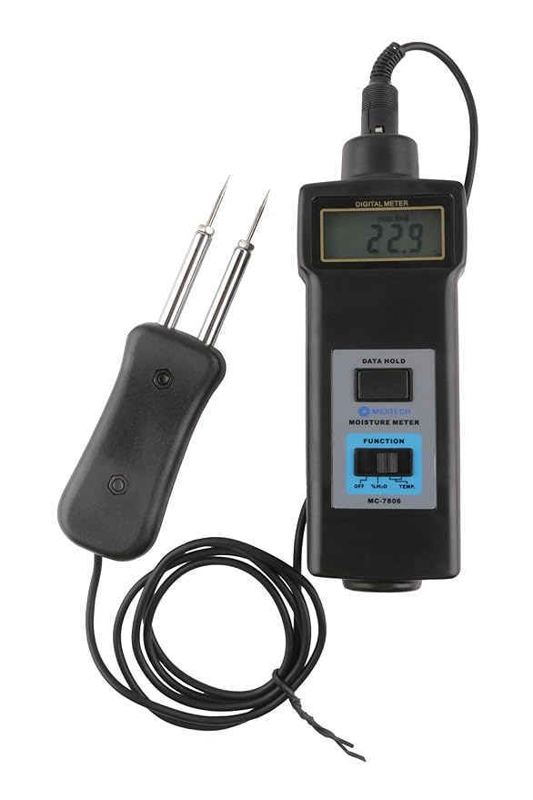 Real Instruments Grain Moisture Meter MC-7806 with 0-50% Moisture Range, -10°C to 65°C Temperature Measurement, Stainless Steel Probe, LCD Display, Automatic Calibration, Data Hold Function, and Durable Portable Design for Agriculture and Quality Control