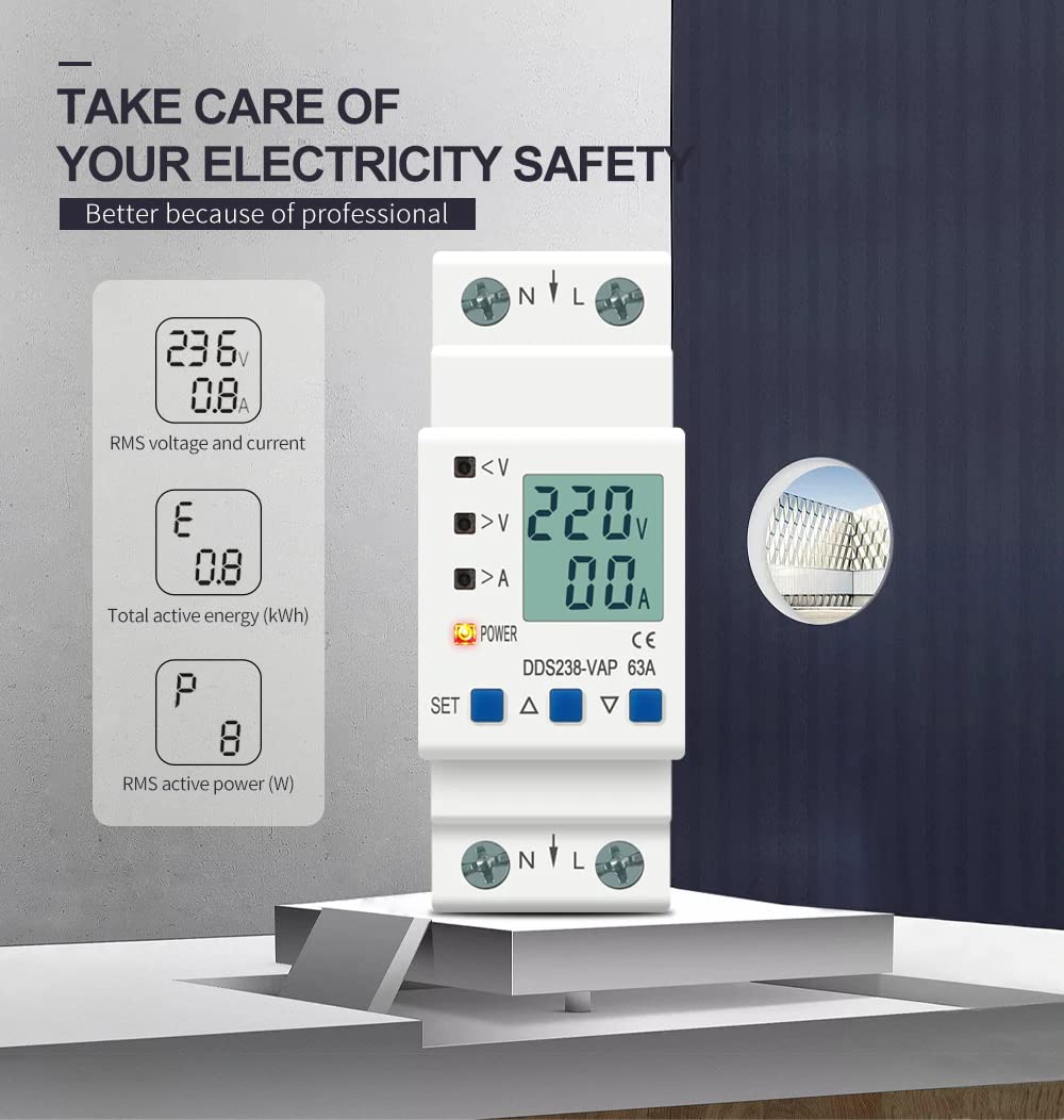 Real Instruments Din Rail Mountable Over Voltage And Under Voltage Protector Current Limit Protection Voltmeter Ammeter KWH With Over Current Protection (60A 230V)