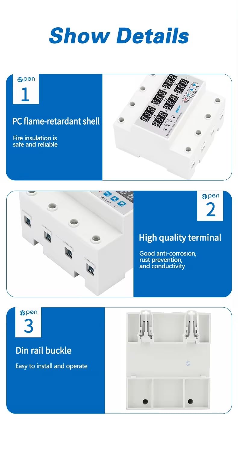 Real Instruments 3-Phase Automatic Over/Under Voltage Protector with Over Current Protection, Auto-Reconnect with Phase-Loss and Phase-Imbalance Protection 63A 220VAC (White)