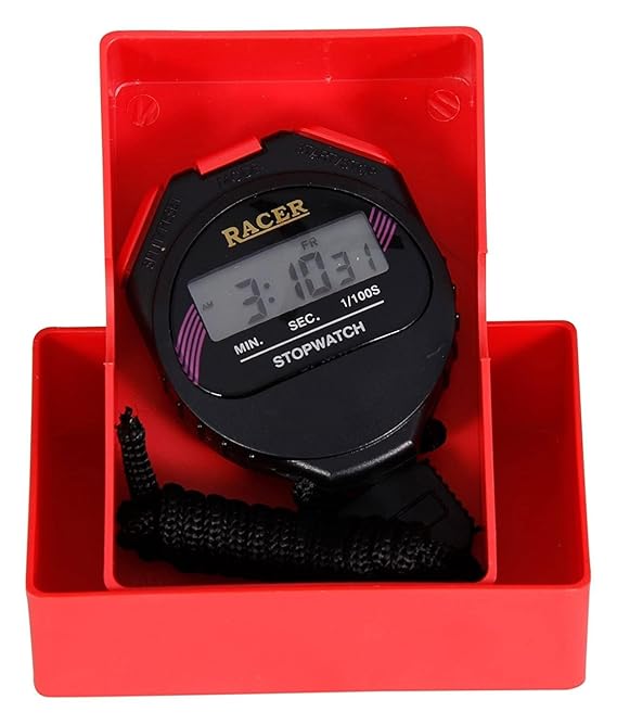 Real Instruments Racer Digital Stopwatch with Precision Timing, 1/100th Second Accuracy, 24-Hour Time Display, Multi-Function Mode, Alarm Feature, Ergonomic Design for Sports, Fitness, and Educational Applications