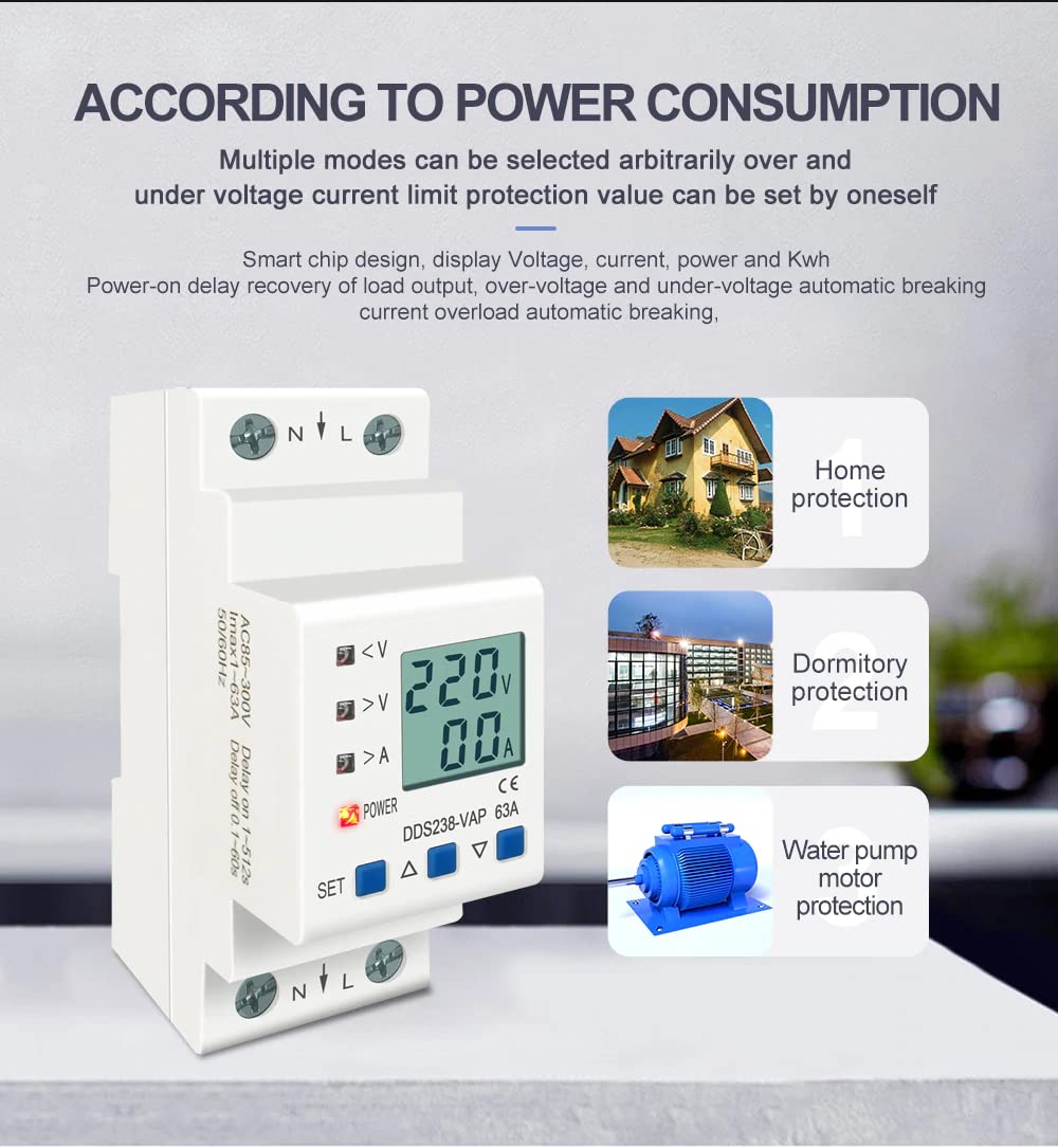 Real Instruments Din Rail Mountable Over Voltage And Under Voltage Protector Current Limit Protection Voltmeter Ammeter KWH With Over Current Protection (60A 230V)