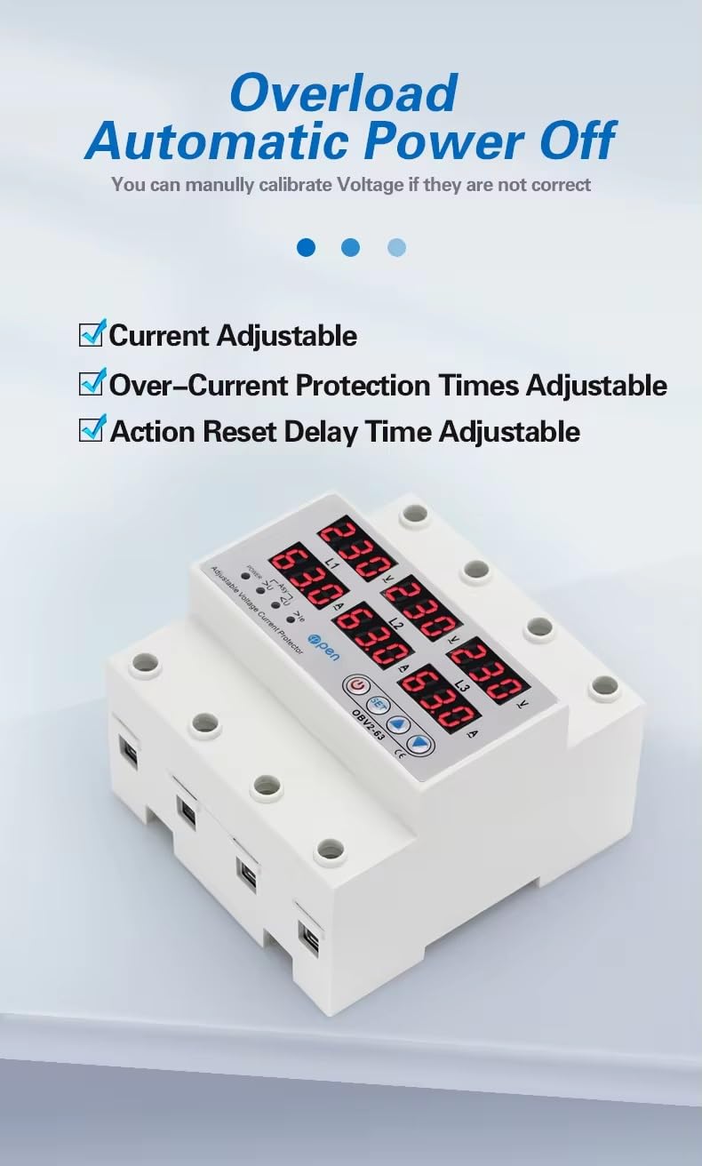 Real Instruments 3-Phase Automatic Over/Under Voltage Protector with Over Current Protection, Auto-Reconnect with Phase-Loss and Phase-Imbalance Protection 63A 220VAC (White)