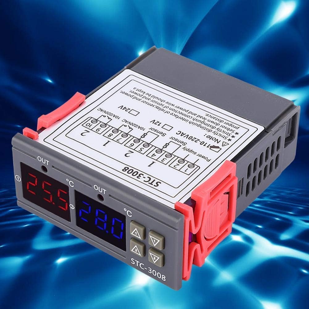 Real Instruments Digital Temperature Controller, STC-3008 50/60Hz Dual Display Dual NTC Probe Sensor 10A -50°C-70°C Digital Temperature Thermostat Controller (110~220V)