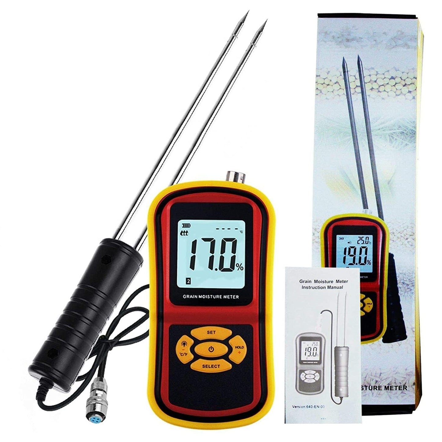 Real Instruments Grain Moisture Meter With Long Measuring Probe & Digital LCD Display For 8 Grains Moisture Testing Corn Soybean Wheat Rice Paddy Barley Fodder Rapeseed, Range 5~30% GMM-640