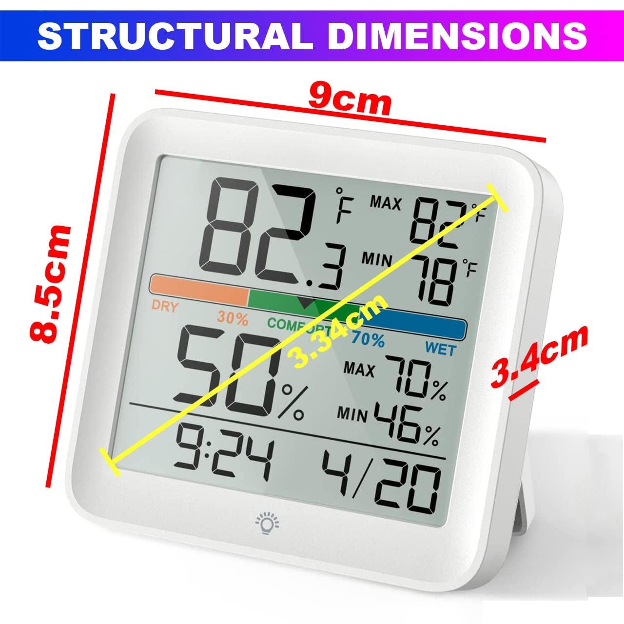 Real Instruments Digital Hygrometer Thermometer HT-54 Temperature & Humidity Monitoring Weather Station Room Climate Indicator With Calibration Touchable Night Light Comfort Display MAX/MIN Data Sets