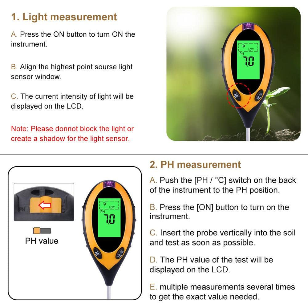 Real Instruments 4 in 1 Soil Ph Tester Moisture Meter Gardening Water Soil Testing Machine with Sensor Prob and Hydroponic Clear Digital LCD Display Set Home and Garden Plants Farming Farm Sunlight