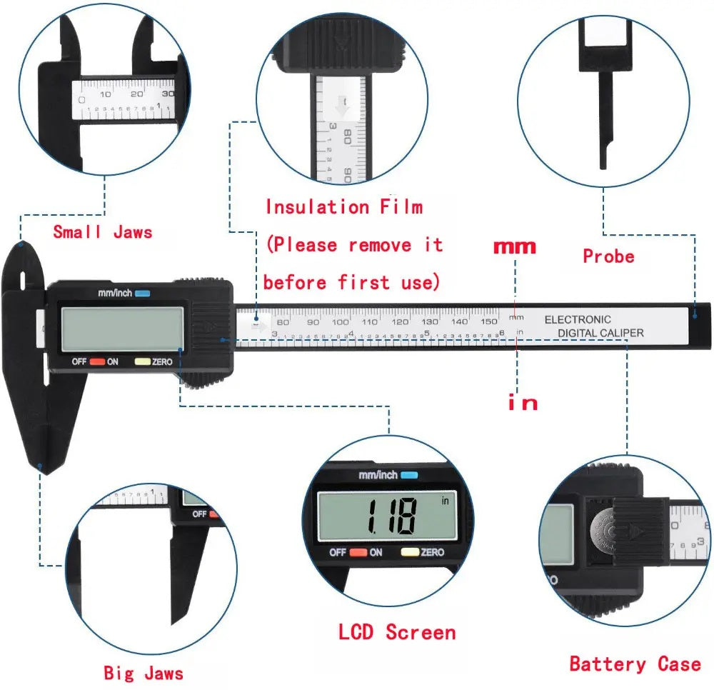Real Intruments Digital Carbon Fiber Vernier Caliper 0-150mm (0-6 Inch), LCD Display, Dual Metric & Imperial Unit Conversion, Zero Reset Function & Lightweight Non-Magnetic Corrosion-Resistant Composite Material for Woodworking, Jewelry, DIY etc, VC-03
