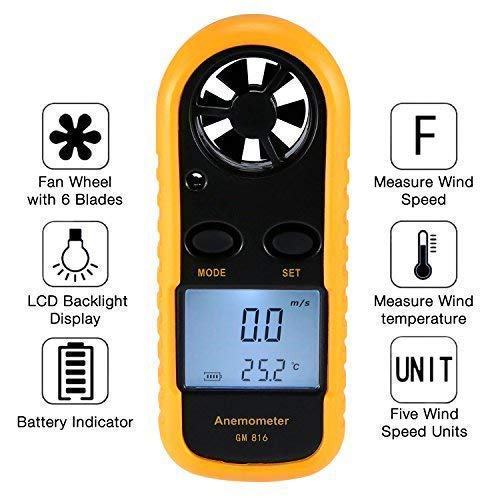 Real Instruments GM816 Portable Anemometer Thermometer Air Wind Speed Gauge Meter Air Flow Velocity Windmeter 30m/s LCD with Temperature Tester