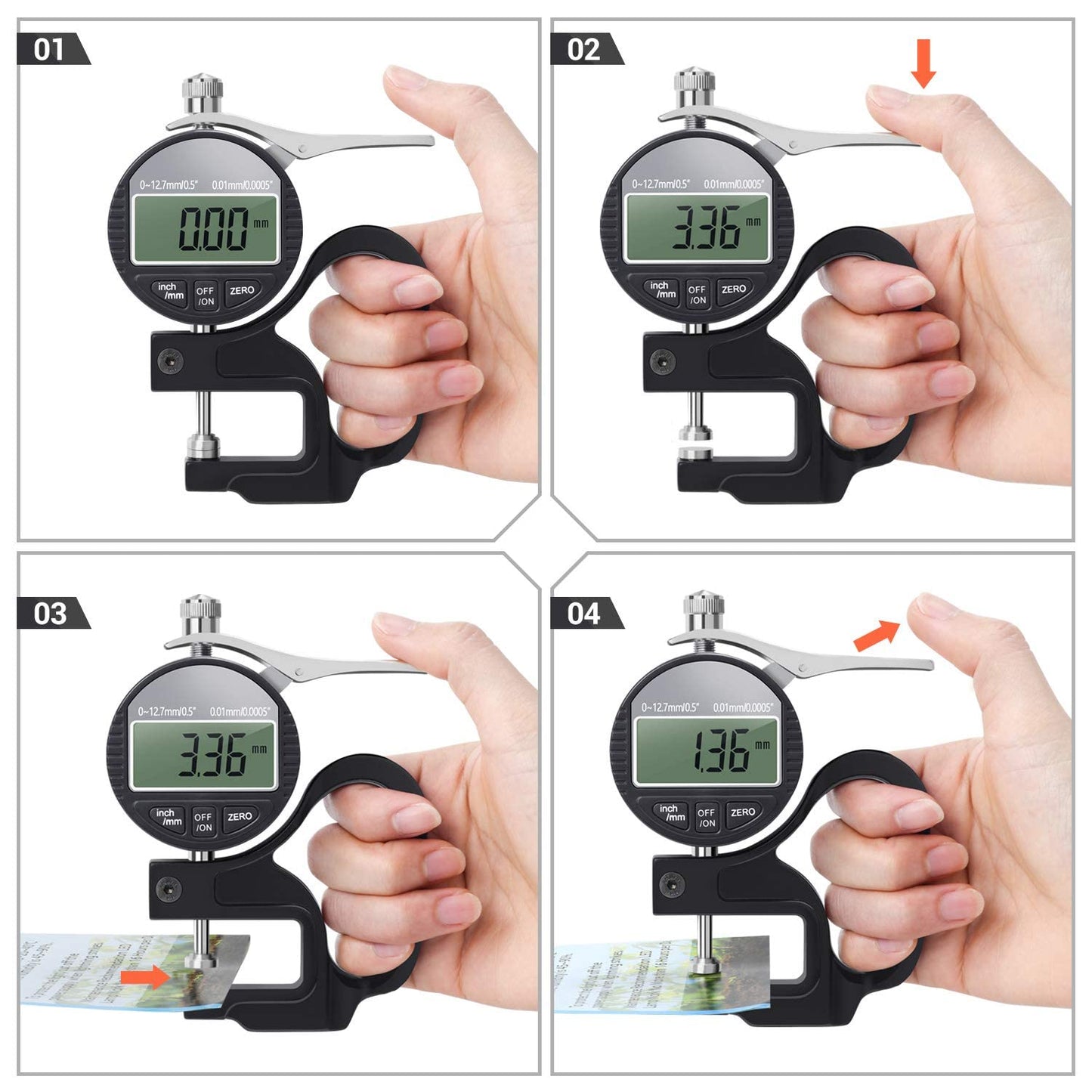 Real Instruments Digital Thickness Gauge Measuring Range 0-12.7mm, Accuracy 0.01mm Thickness Meter With LCD Display Inch/Metric, Suitable For Paper/Film/Leather/Wire Thickness Gauge