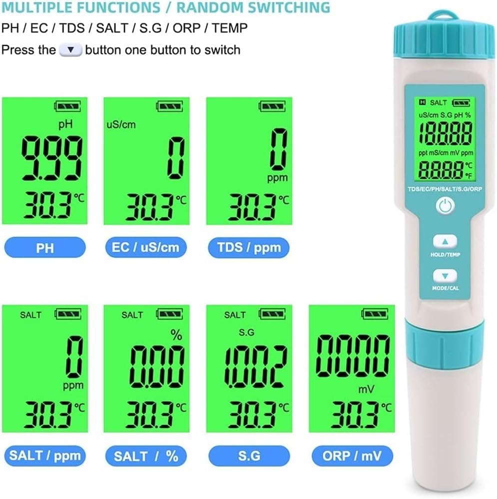 Real Instruments Water Quality Tester 7 in 1 PH Total Dissolved Solids TDS/PH/EC/ORP/Salinity/S.G/Temperature Testing IP67 Waterproof ℃/℉ Units Conversion Automatic Temperature Compensation