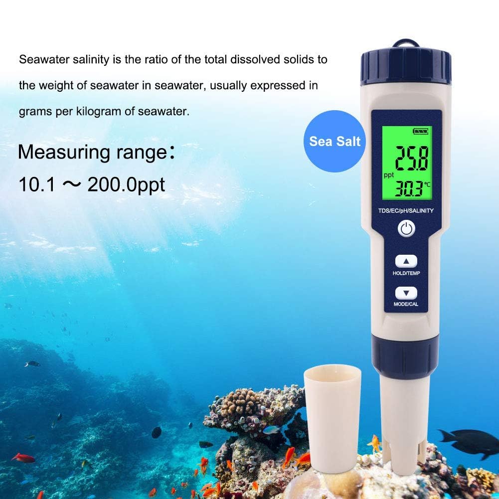 Real Instruments Water Quality Tester, 5 in 1 Function Water Quality Testing Meter PH/Salinity/TDS/EC/Temperature Tester With Backlight For Aquaculture, Drinking Water, Pool