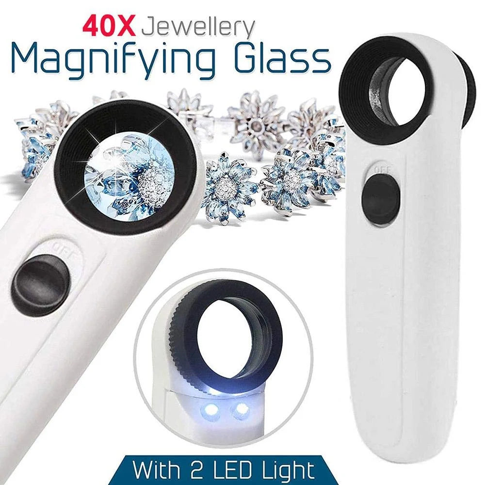 Real Instruments Handheld Magnifier 40x Magnifying Glass with 2 LED 19 mm Lights for Education,Home and Office,Industrial Inspection, 6B-1B