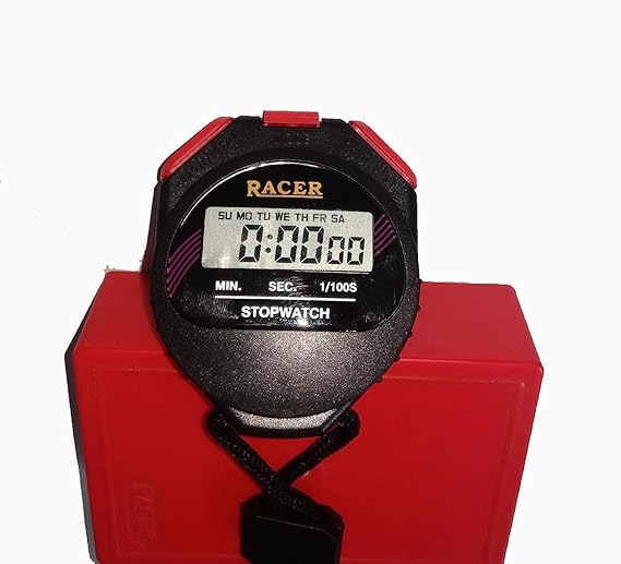Real Instruments Racer Digital Stopwatch with Precision Timing, 1/100th Second Accuracy, 24-Hour Time Display, Multi-Function Mode, Alarm Feature, Ergonomic Design for Sports, Fitness, and Educational Applications