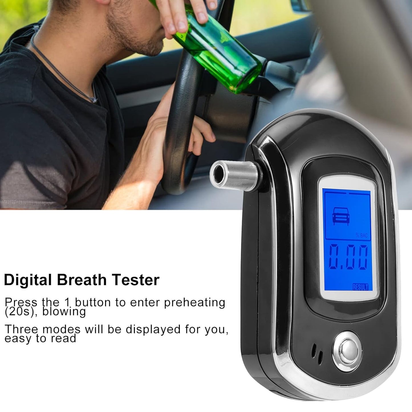 Real Instruments ALC AT6000 Alcohol Tester Detector Digital Portable LCD Display Breath Analyser Police Alcohol Breathalyzer with 5 Mothpiece, Black