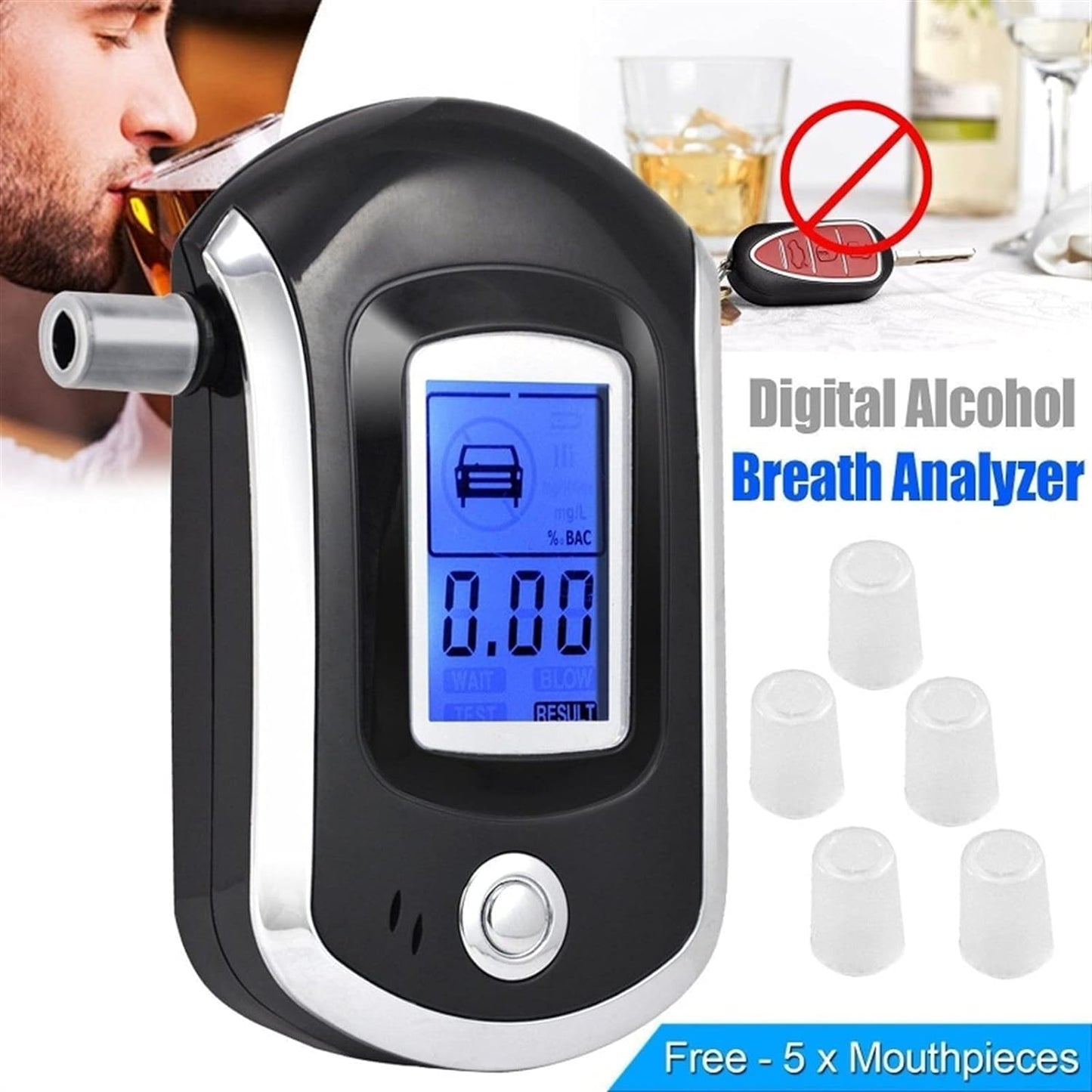 Real Instruments ALC AT6000 Alcohol Tester Detector Digital Portable LCD Display Breath Analyser Police Alcohol Breathalyzer with 5 Mothpiece, Black