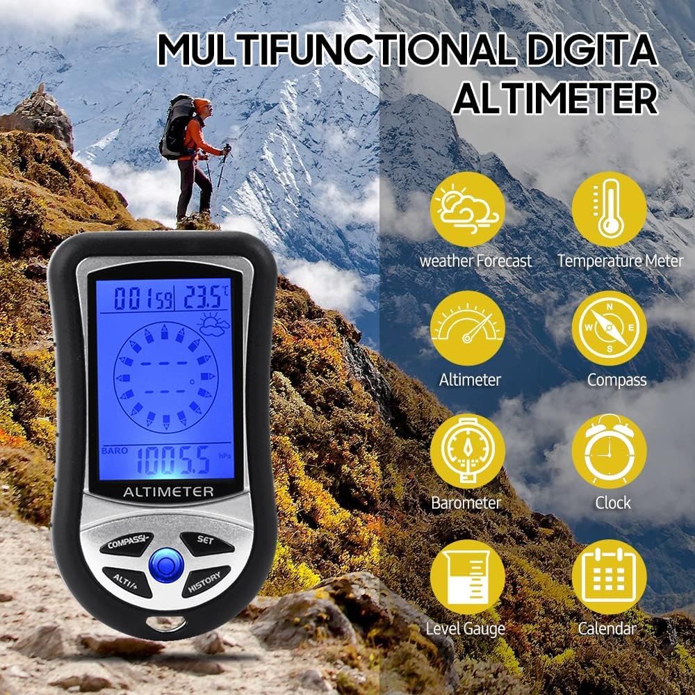 Real Instruments Multifunctional Digital Altimeter Barometer Digital Compass Thermometer Clock Time Calendar Weather Forecast For Outdoor Altimeter With Time Height Gauge LCD Backlight (DS302)