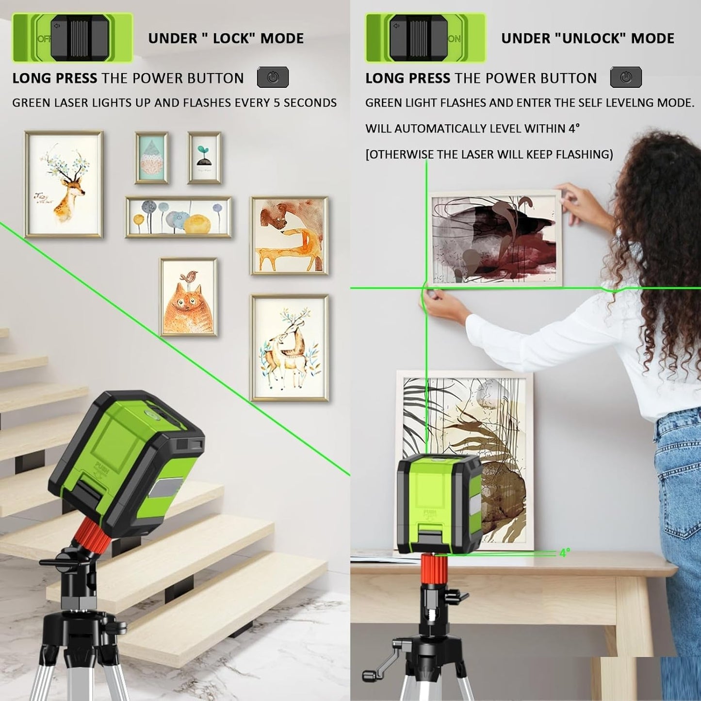 Real Instruments Self Leveling Laser Level, farway 100ft Green Cross Line Laser Level,3 Brightness Adjustable,IP54 Waterproof, 360° Magnetic Base and Battery Included