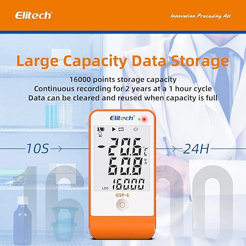 Real Instruments Elitech GSP-6 Digital Temperature and Humidity Data Logger Detachable Dual Probes -40℉ to 158℉ Max Accuracy up to ±0.6℉ Audio Alarm Max/Min Value Large LCD Display, Multi-Use,  GSP-6