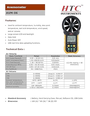 HTC AVM-06 Digital Anemometer with Multi-Unit Wind Speed Measurement, Airflow & Temperature Sensing, Max/Min Recording, Data Hold Function, Auto Power Off & LCD Display for HVAC, Industrial, Environmental and Outdoor Applications