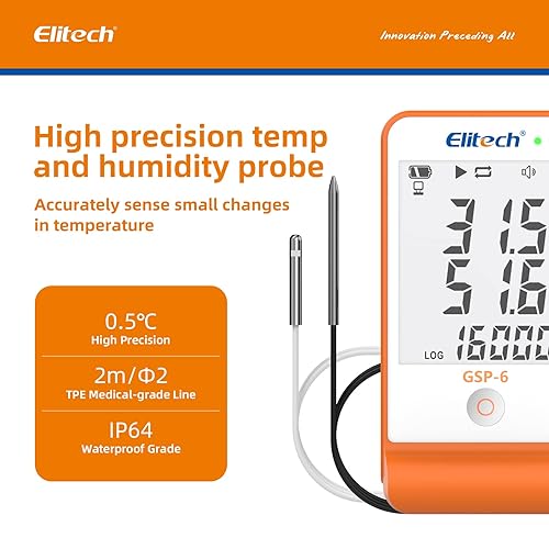 Real Instruments Elitech GSP-6 Digital Temperature and Humidity Data Logger Detachable Dual Probes -40℉ to 158℉ Max Accuracy up to ±0.6℉ Audio Alarm Max/Min Value Large LCD Display, Multi-Use,  GSP-6