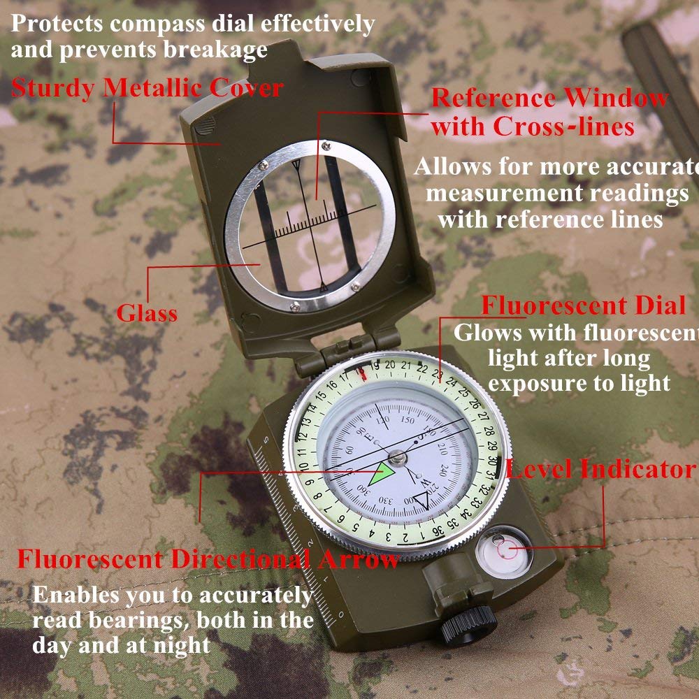 Real Instruments Compass K4580, High Accuracy Waterproof Military Compass with Carrying Bag Lensatic Sighting Waterproof and Shakeproof Compass Army Green Suitable for Camping Hiking