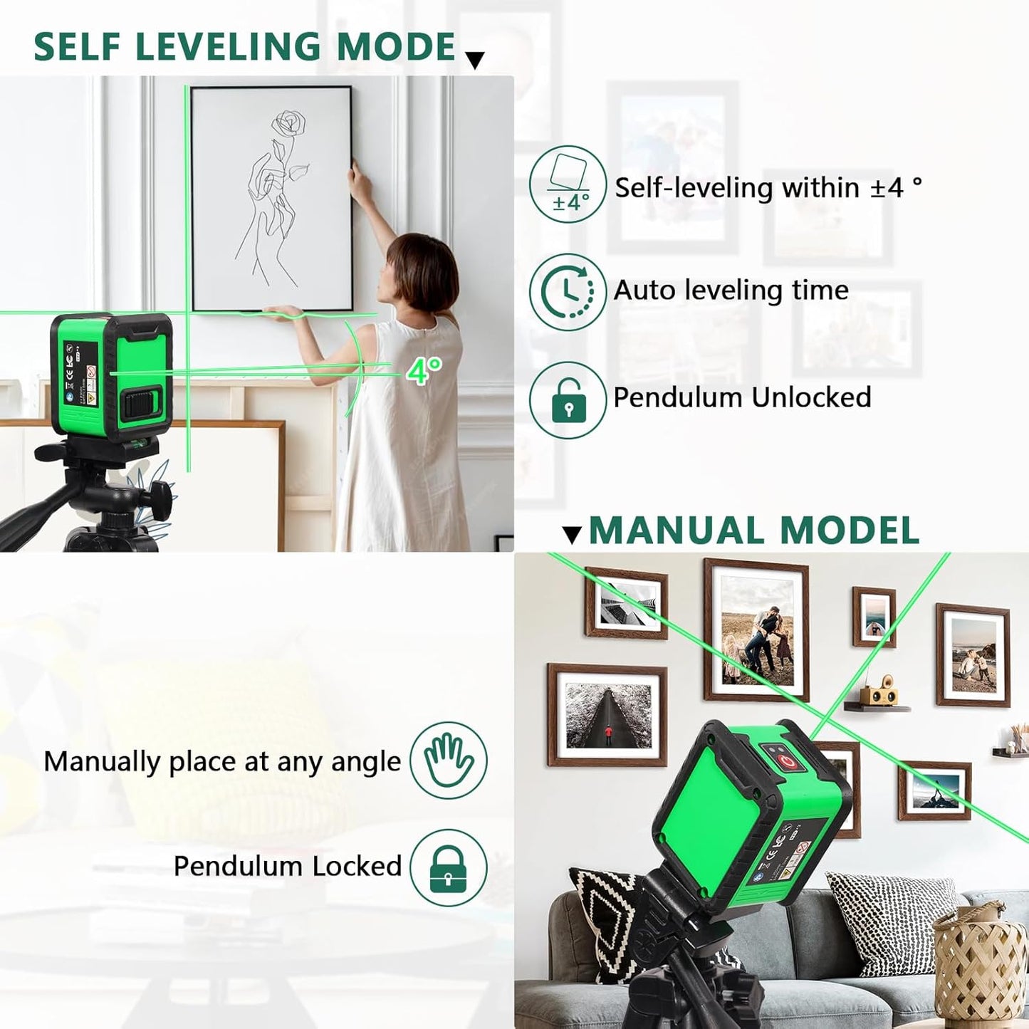 Real Instruments Rotatable Laser Levels 2 Line Horizontal And Vertical Points Cross Lines Border Infrared Laser Level High Precision Green Light Self Leveling Laser Level With Magnetic Bracket