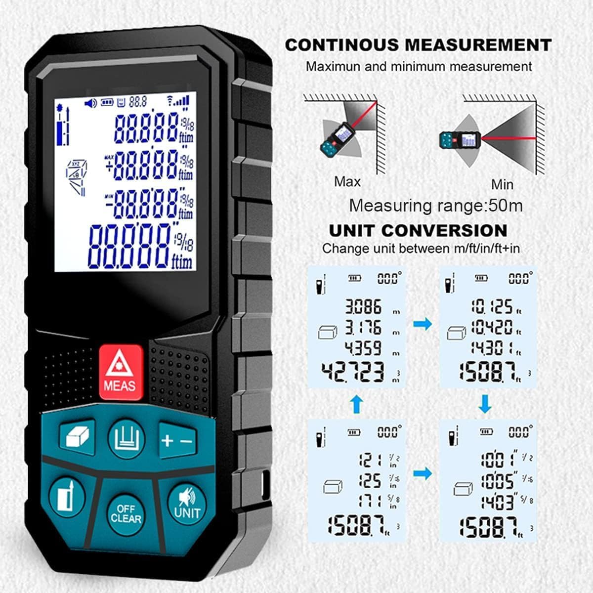 Real Instruments Laser Distance Meter Waterproof Level 120 Meter LDM Laser Range Finder LDM-120 (LDM-50M)